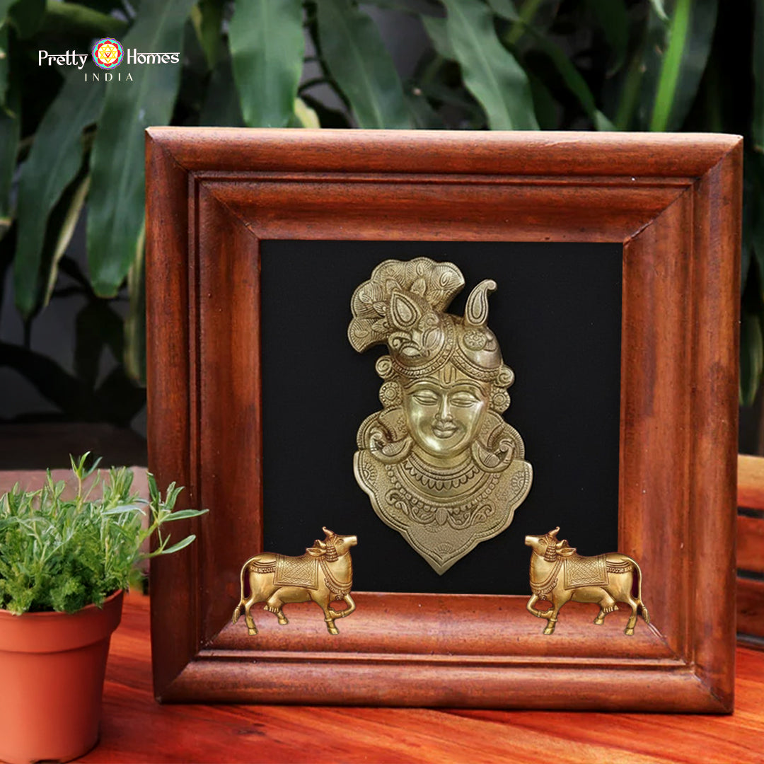 Sacred cow brass wall art with Lord Shrinathji