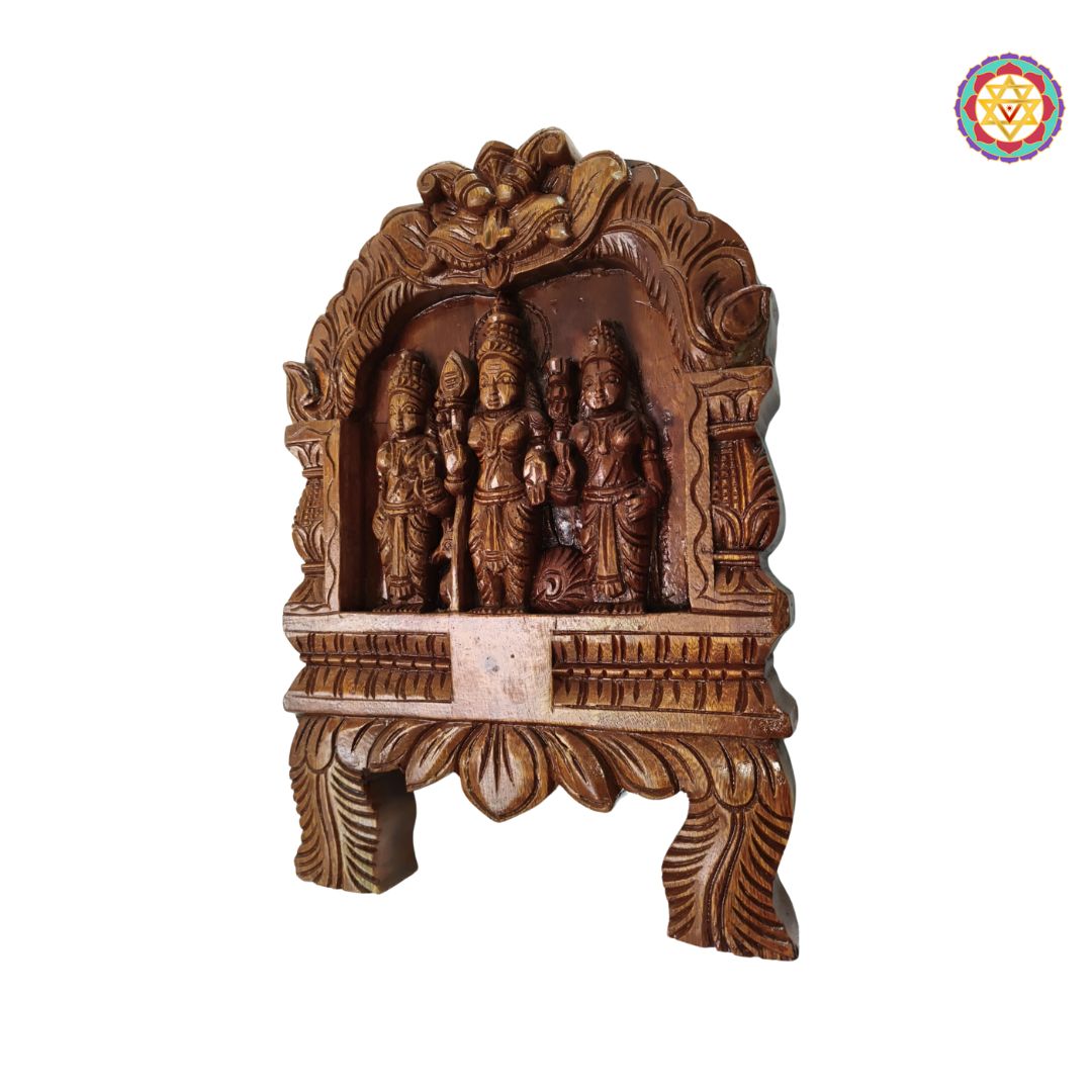 Woodcarved lord Murugan frame with yali and lotus carvings