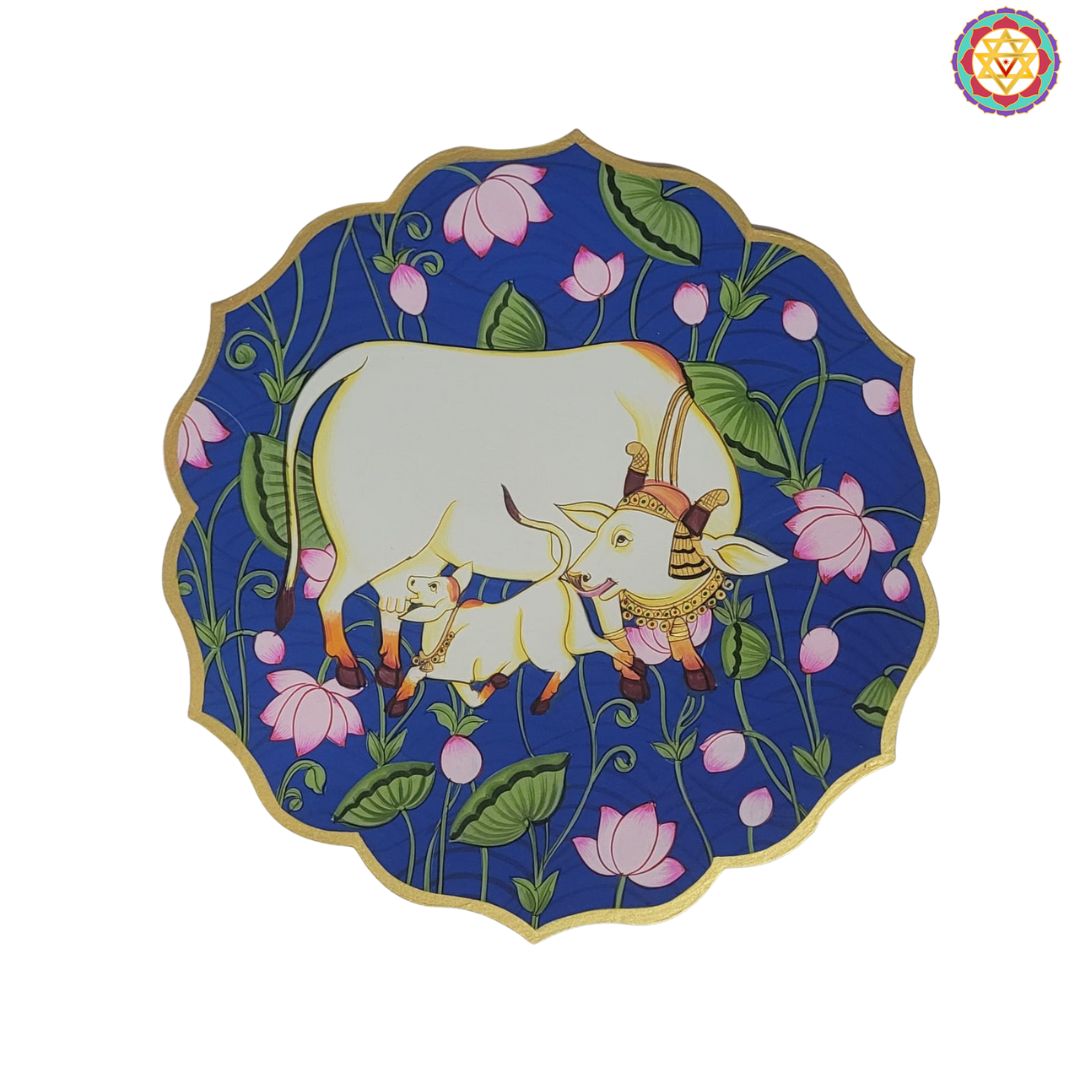 Handpainted Petal-Shaped Pichwai Wall Plate – Cow and Calf with Lotuses | Pichwai Artwork