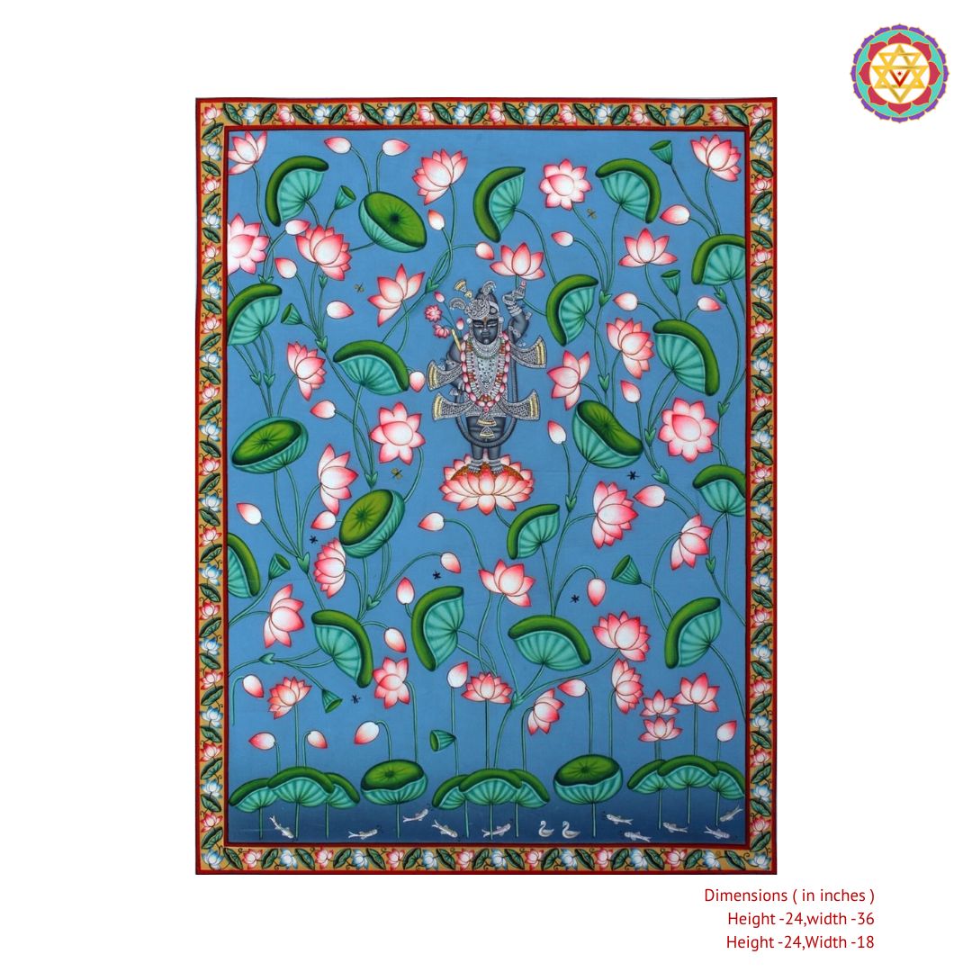 Shrinathji in Blue Lotus Pond – Handpainted Pichwai Art
