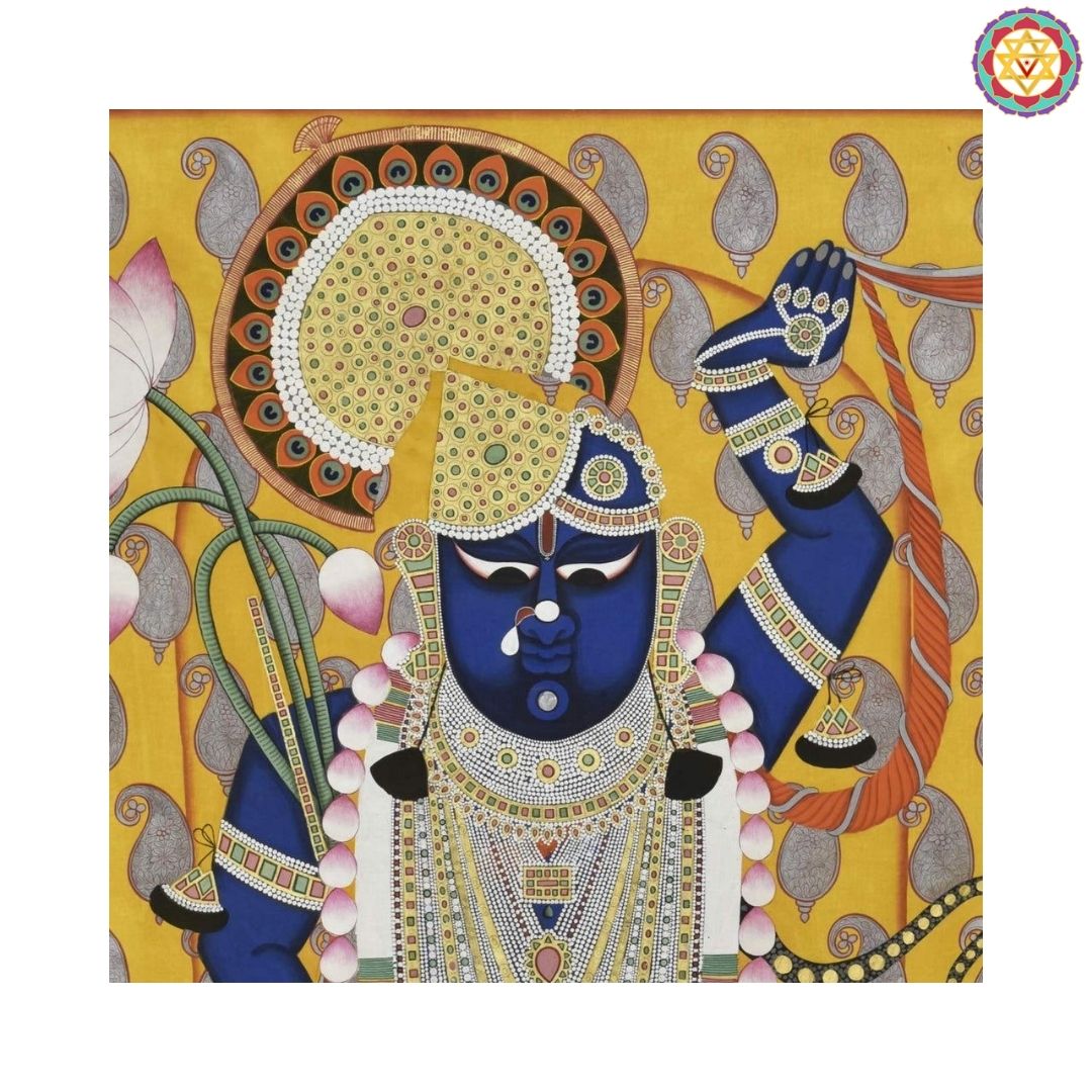 shrinathji pichwai close up highlighting handpainted shrinathji