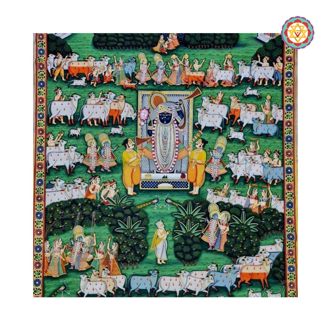 Pichwai artwork showing Srinathji, holy cows, and detailed Rajasthani motifs.