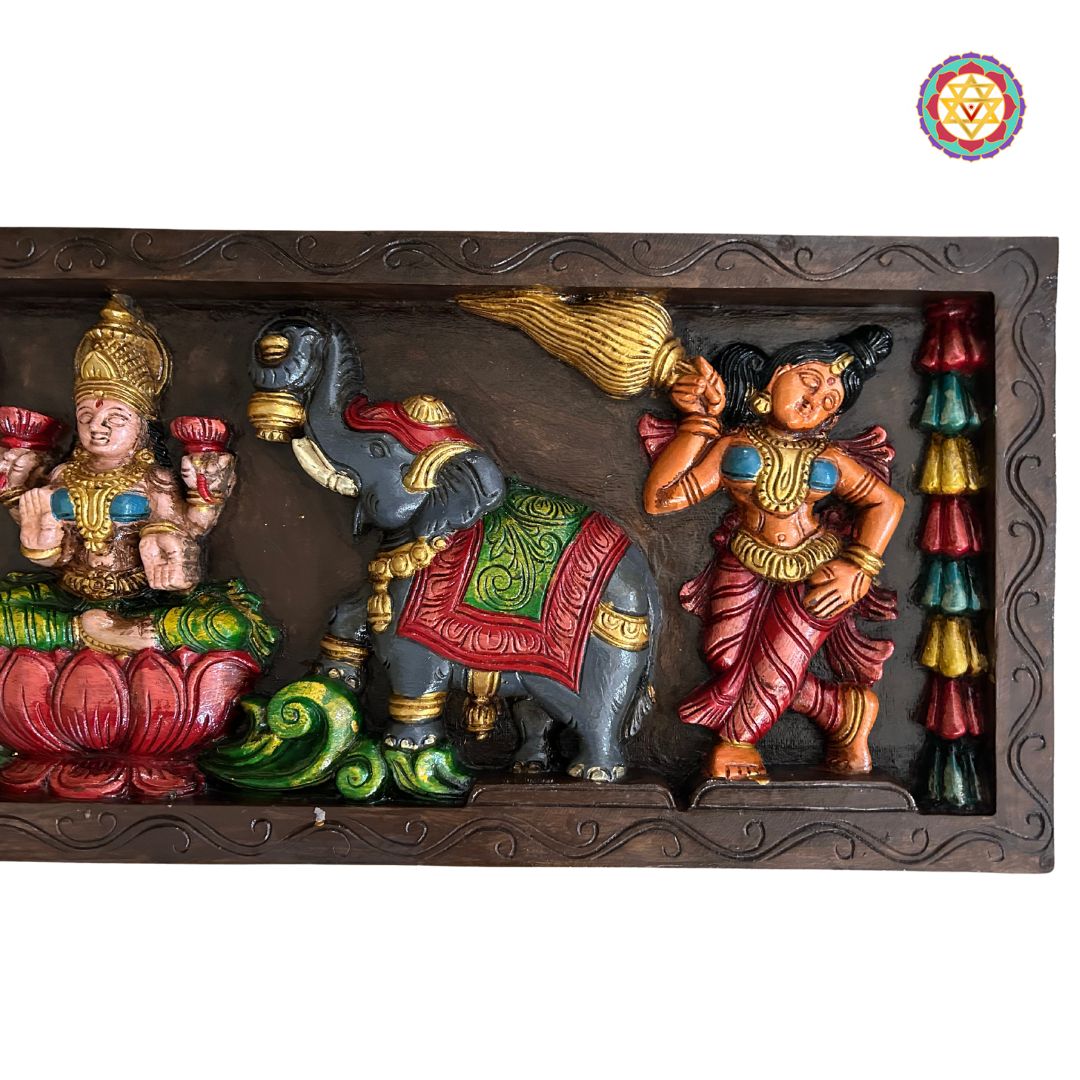 Angled view showing detailed carvings and multicolour finish