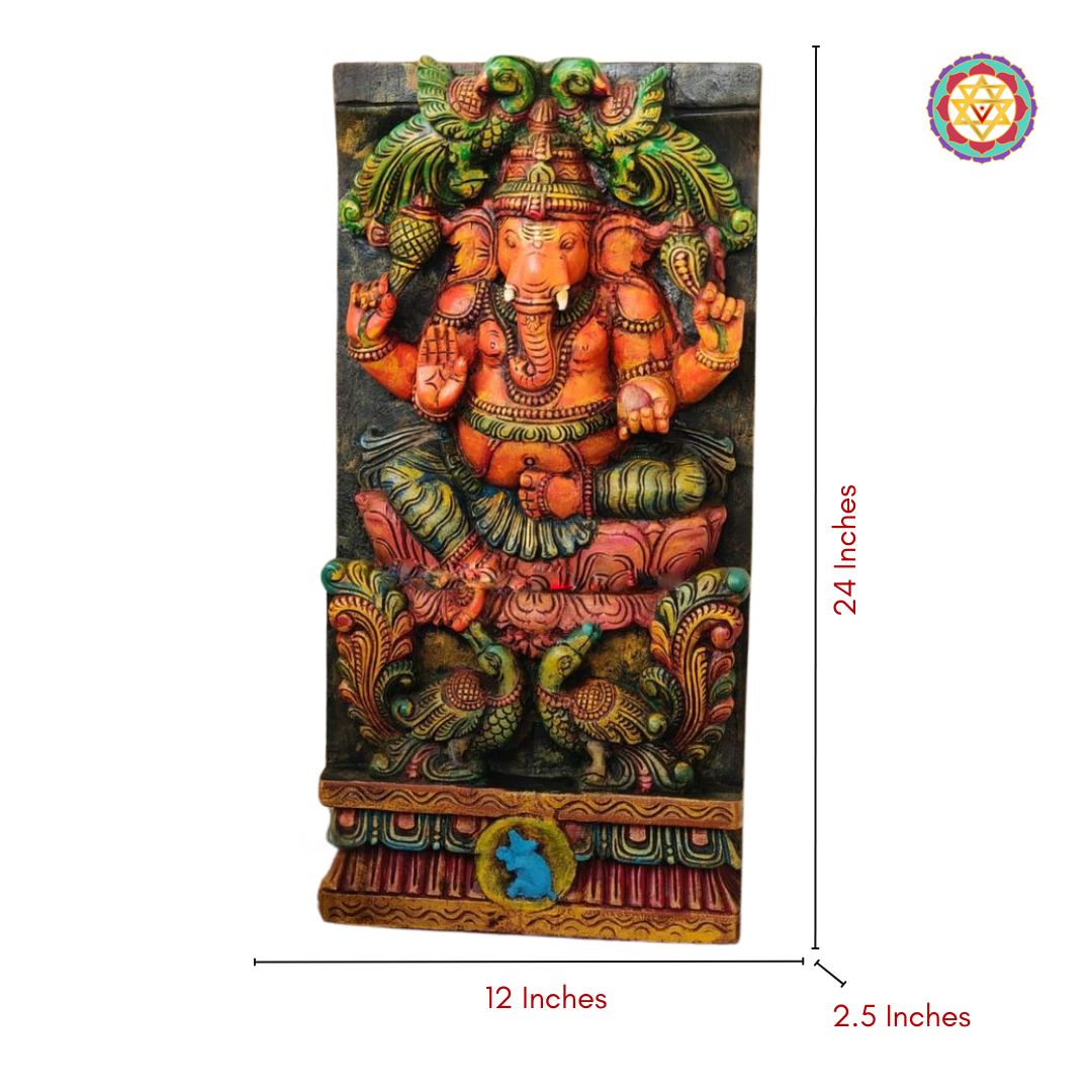 Colorful wall decor piece with dimensions on a white background - Dimensions of carved wooden Ganesha wall hanging