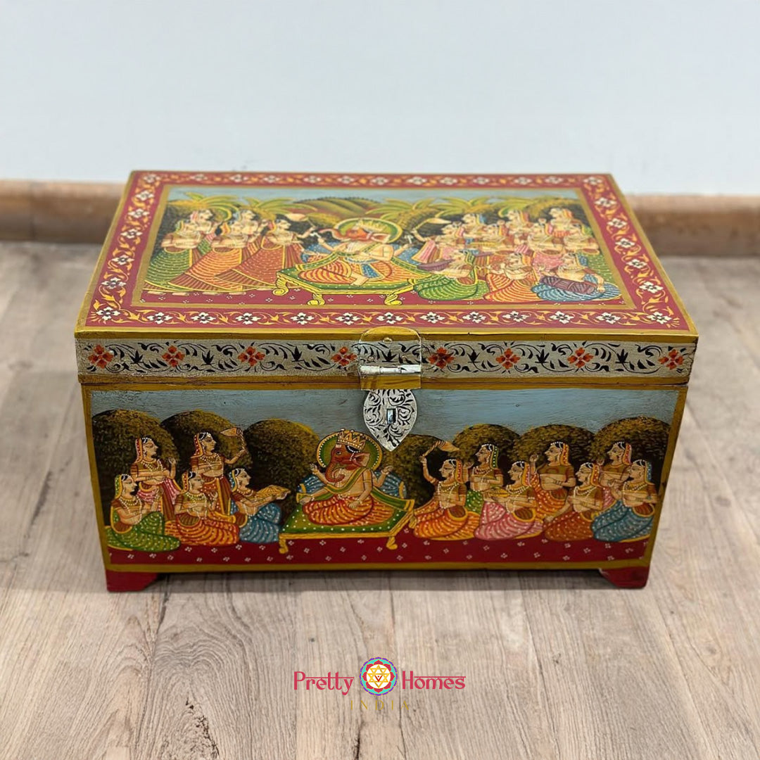 Handpainted wooden storage box in Pichwai art style front view
