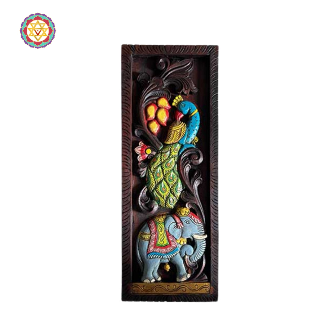 woodcarved lakshmi wall frame with antique polish and lotus carving