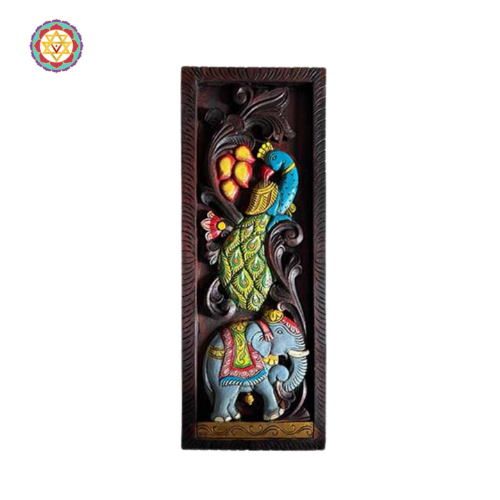 Woodcarved Elephant and Peacock designs vertical wall hangings/Panels (Pair)