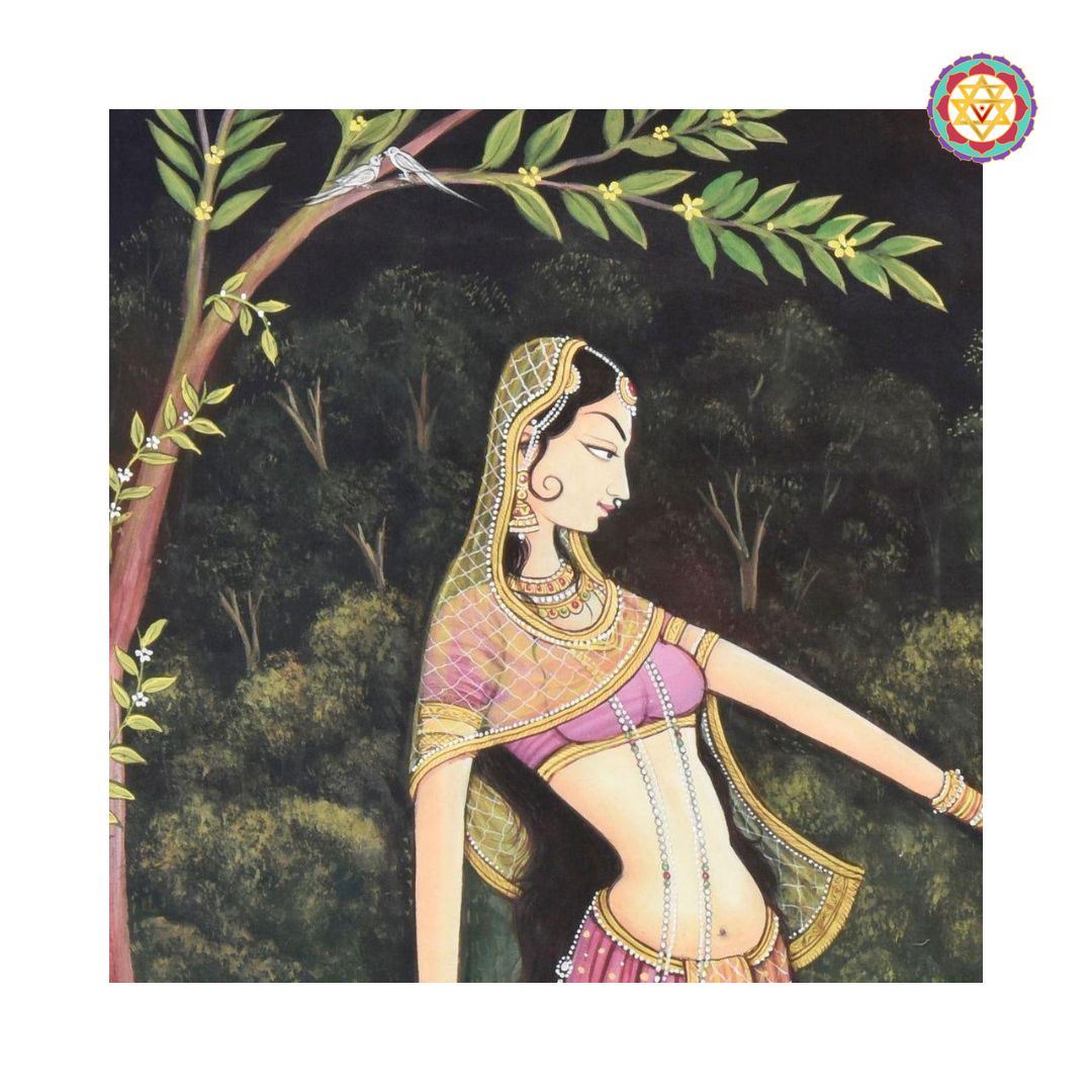 Close-up of Radha from hand-painted pichwai artwork, detailed forest background.