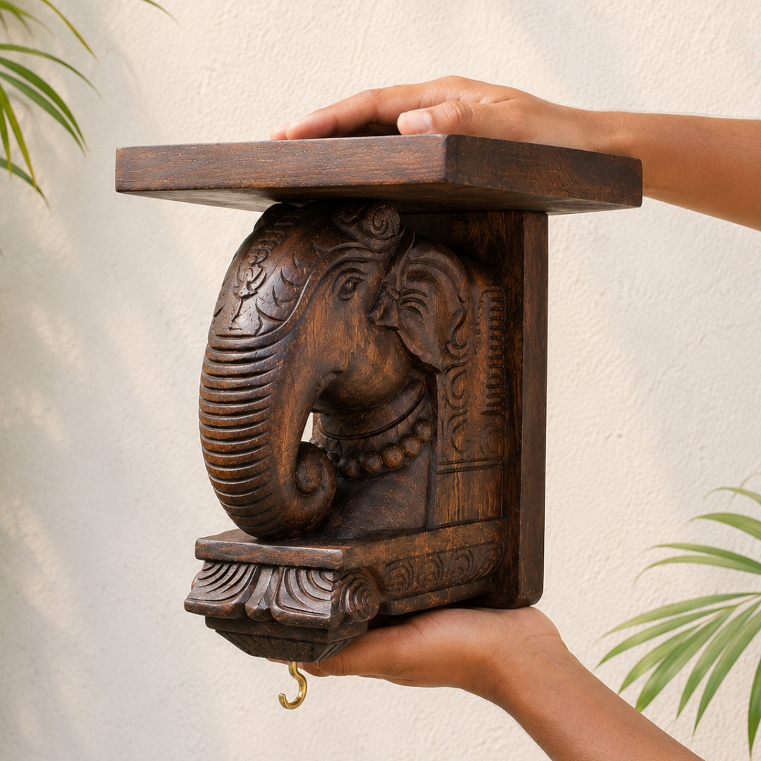 Wood Carved Elephant Brackets – Wooden Finish
