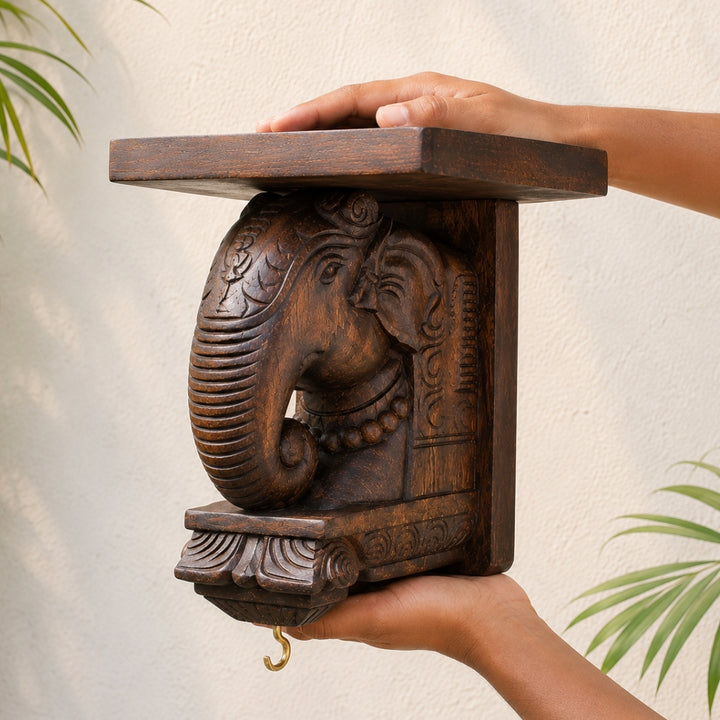 Wood Carved Elephant Brackets – Wooden Finish