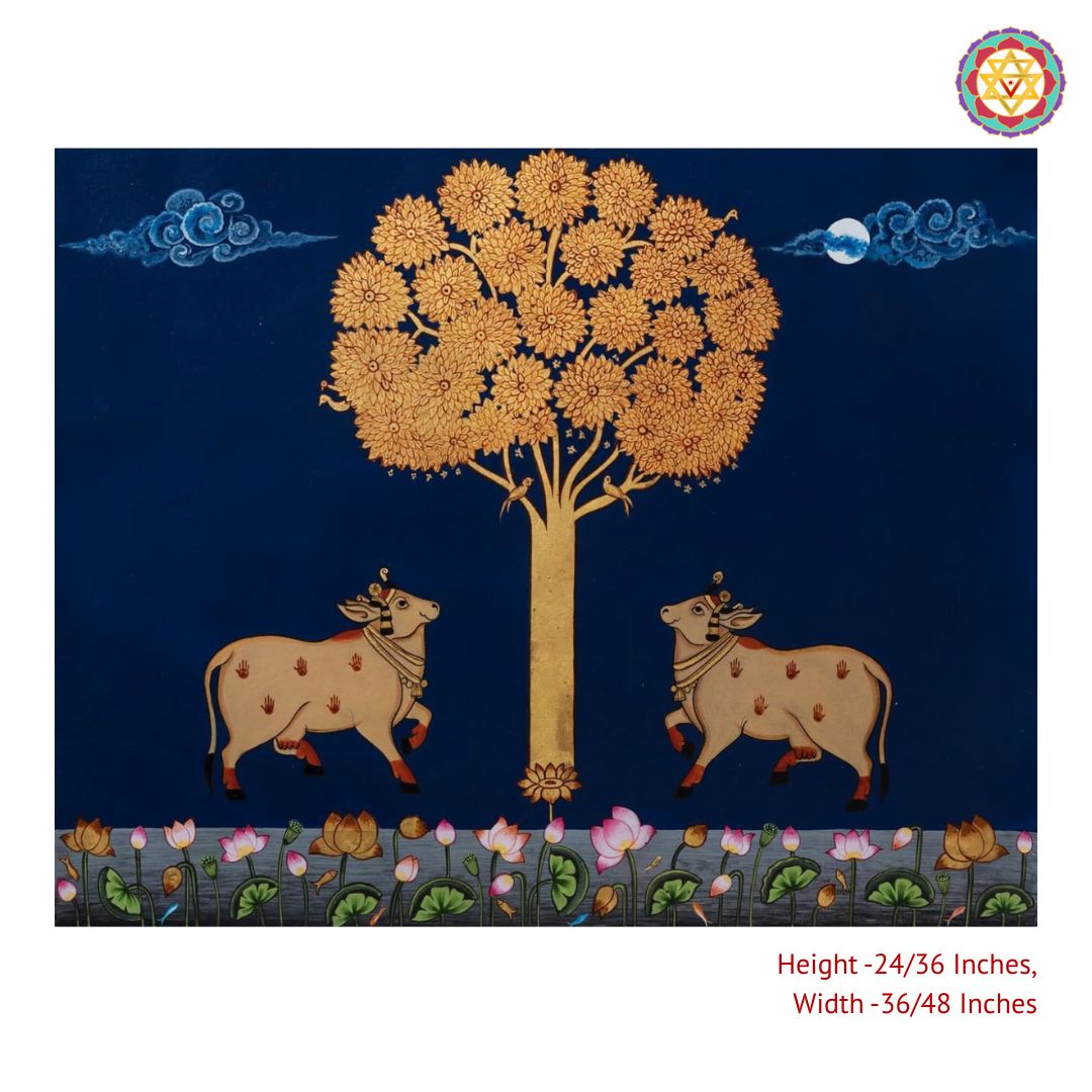 Hand-Painted Pichwai – Cows under the Golden Tree of Life