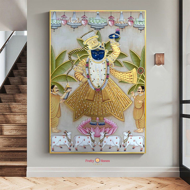 “Shrinathji Darshan” with cows, lotus, and attendants. shrinathji pichwai painting.