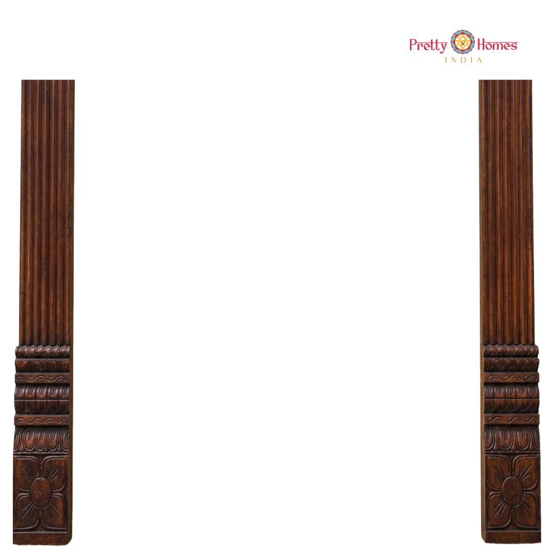 Wood-Carved Chettinad-Style Gopuram with Fluted Floral Pillars