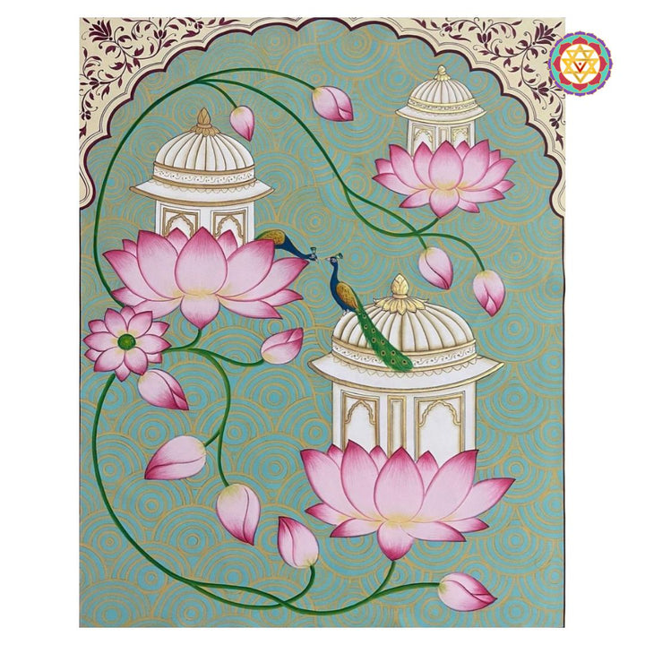 Close-up of hand-painted pichwai with pink lotuses, peacock, and ornate pavilions on pastel background.