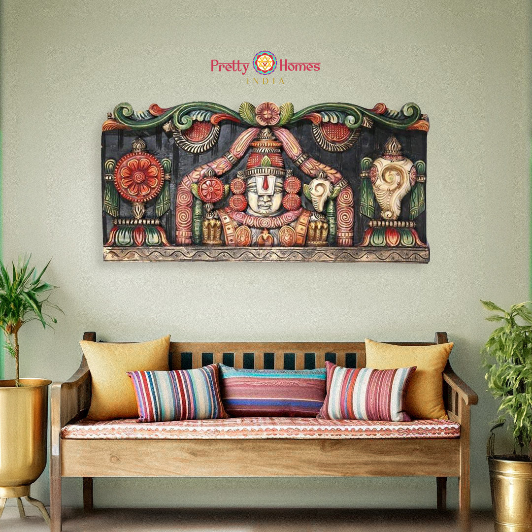 Tirupati Balaji wooden wall panel — handcrafted South Indian decor.