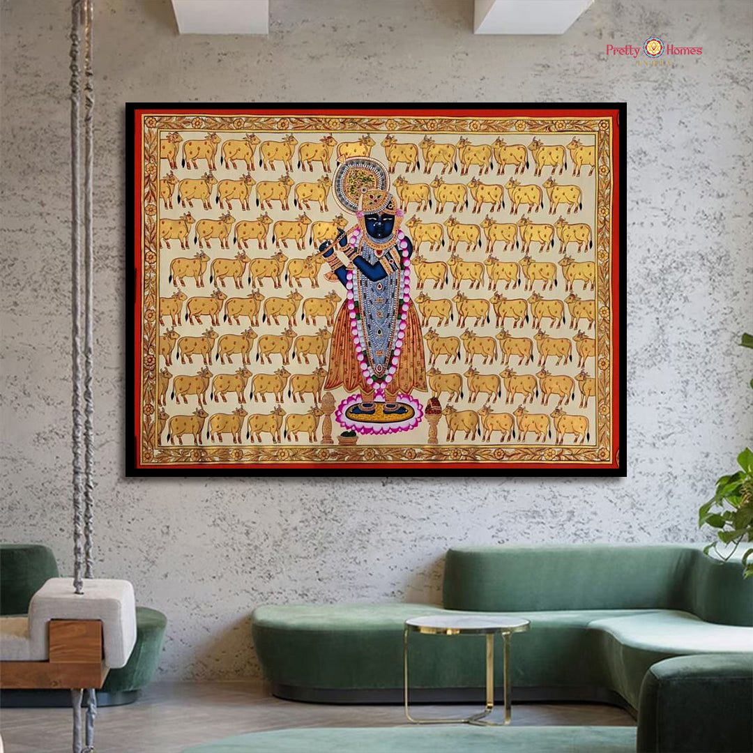 Hand-painted shrinathji pichwai painting with cows, traditional artwork.
