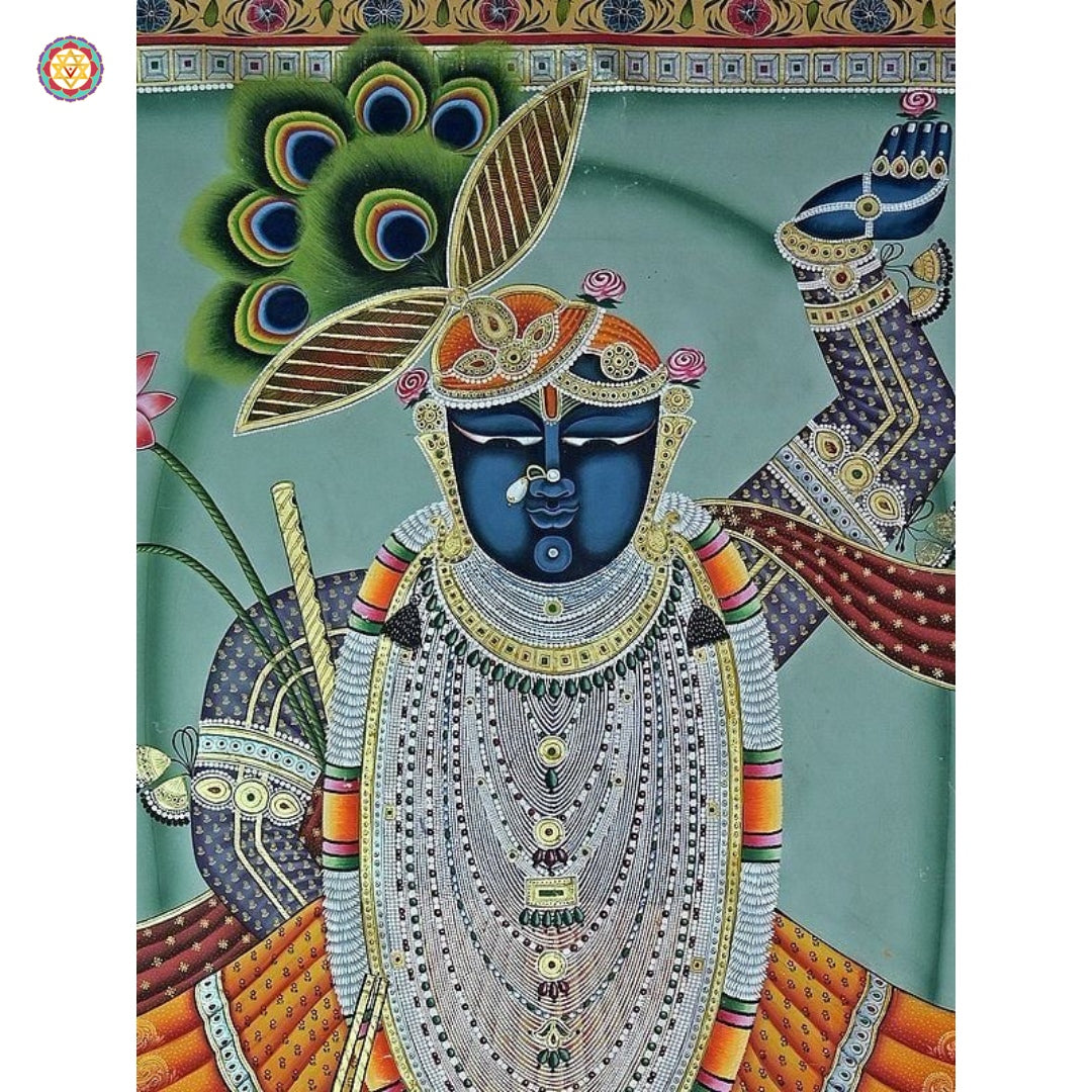 Front view of Shrinathji Krishna Swaroop — handcrafted traditional artwork depicting Lord Krishna’s divine form