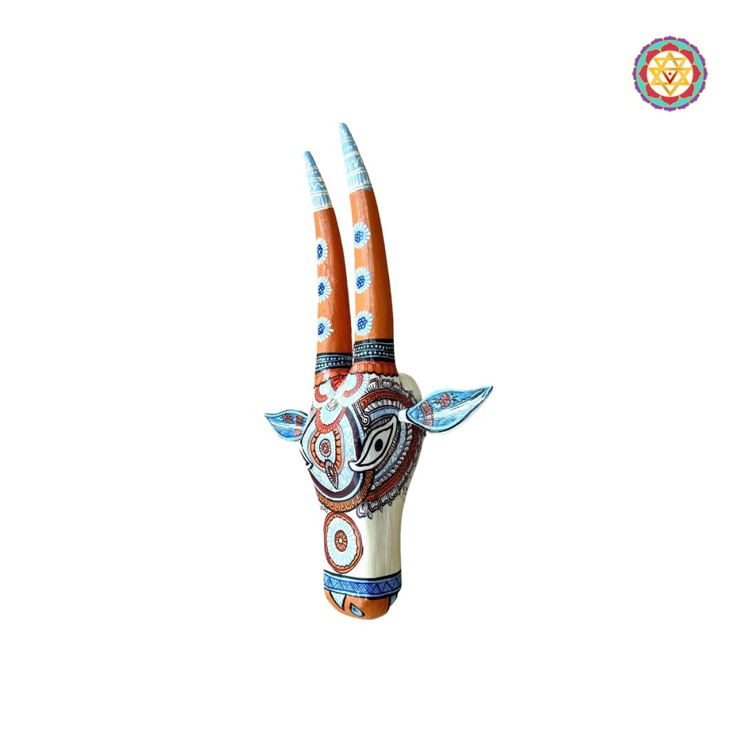 wood carved ,hand painted decorative wall mountable cow heads /nandi head Orange and blue