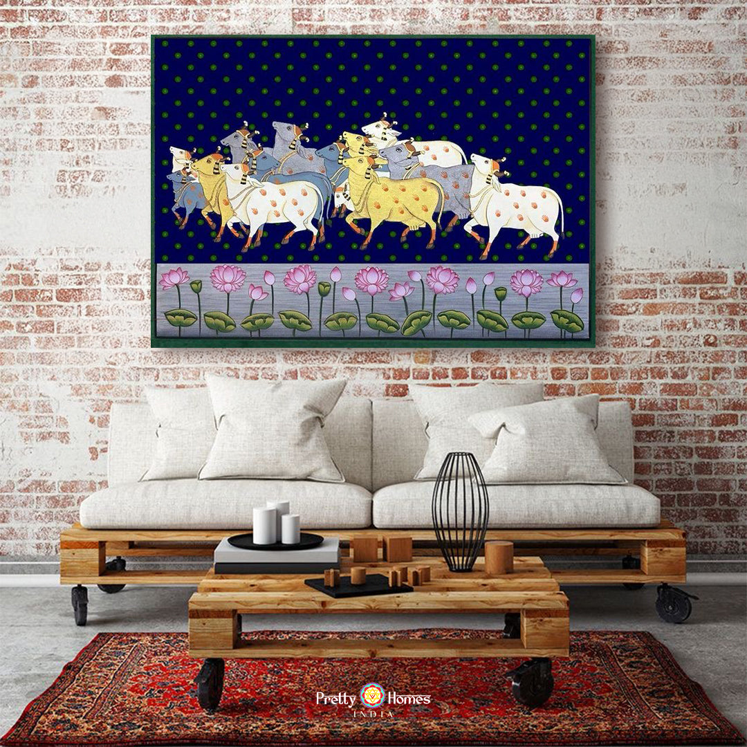 Vibrant Pichwai mural depicting Krishna’s festive and divine moments with gopis and cowherds