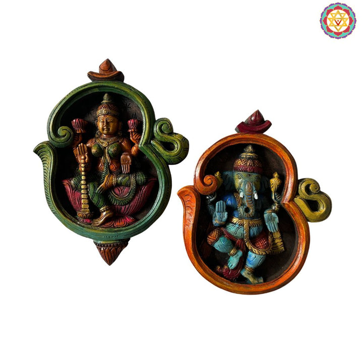 woodcarved exclusive om shaped Dhanlaxmi and blessing Ganesha wall frames-set of 2