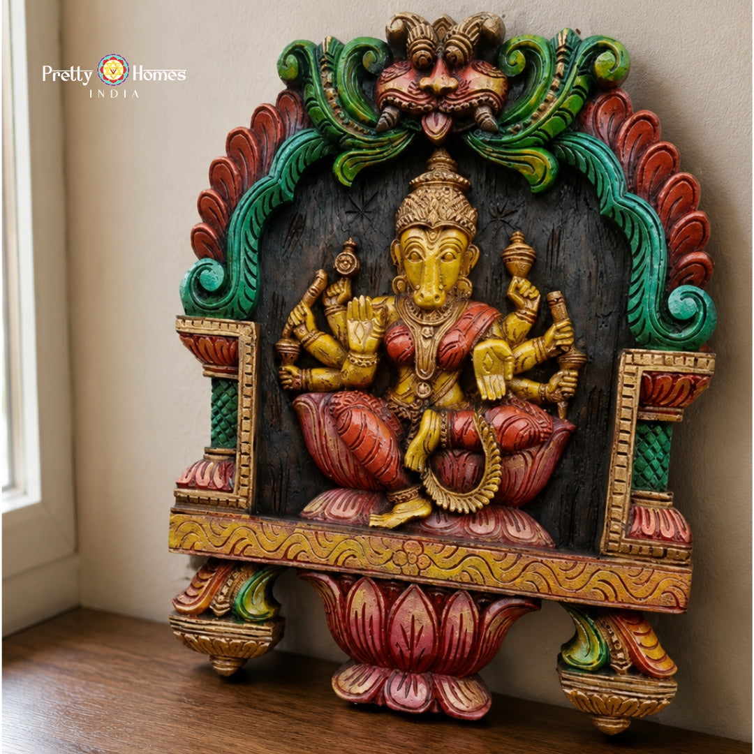 Varahi Devi Wood Carved Frame with Lotus & Kirthimukha Motifs