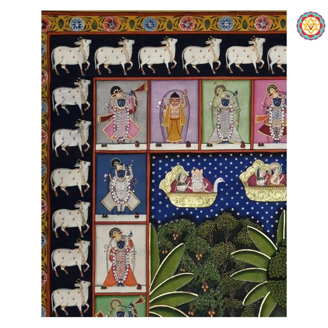 Close-up of border panels in Gopashtami Pichwai showing spiritual motifs and shrinathji pichwai painting elements.