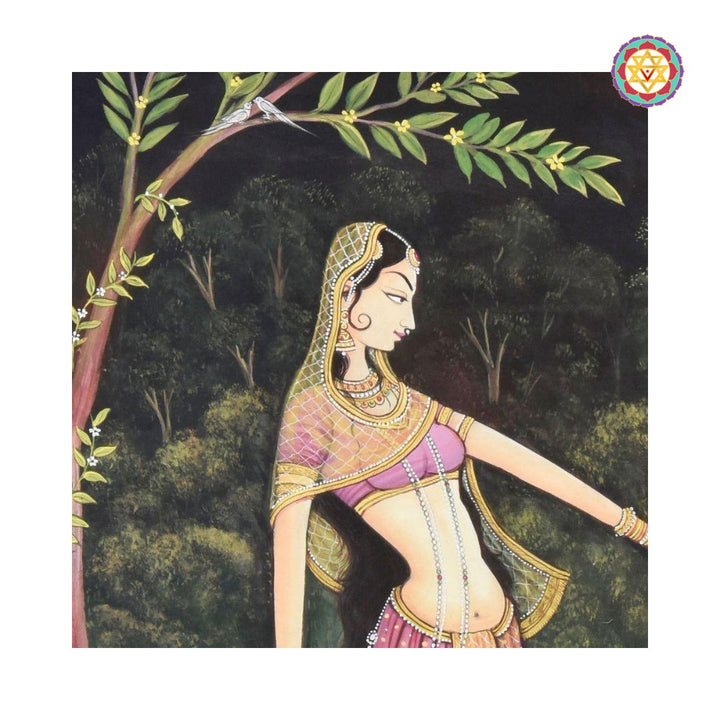 Close-up of Radha from hand-painted pichwai artwork, detailed forest background.