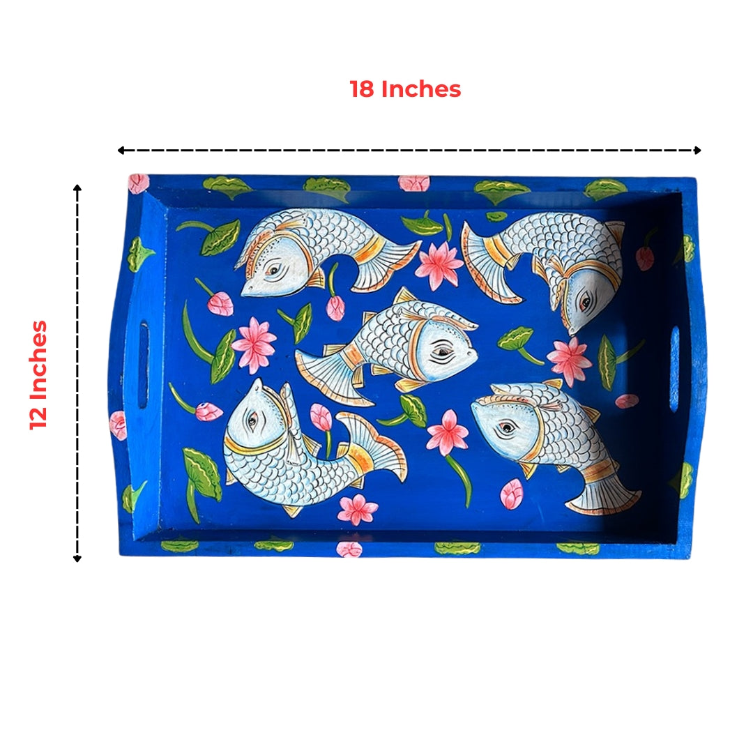 Blue rectangular tray with koi-style fish and pink lotus accents shown with size overlay
