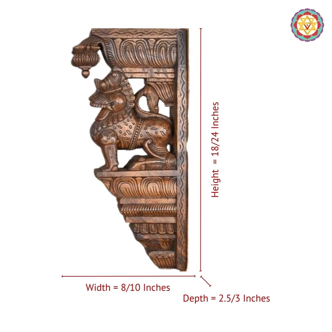 Decorative wooden wall bracket with measurements on a white background