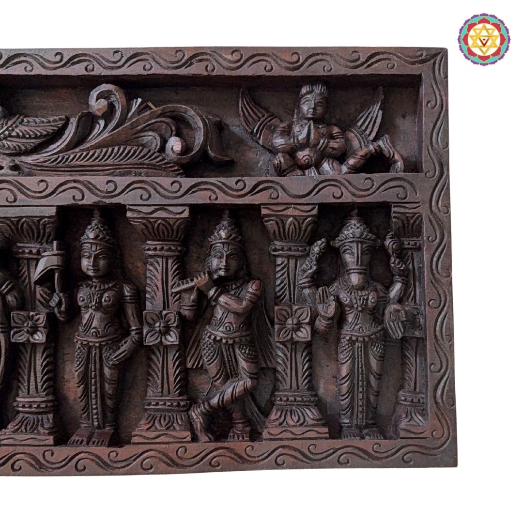 Detailed craftsmanship of Dasavtar wooden panel with lotus elements