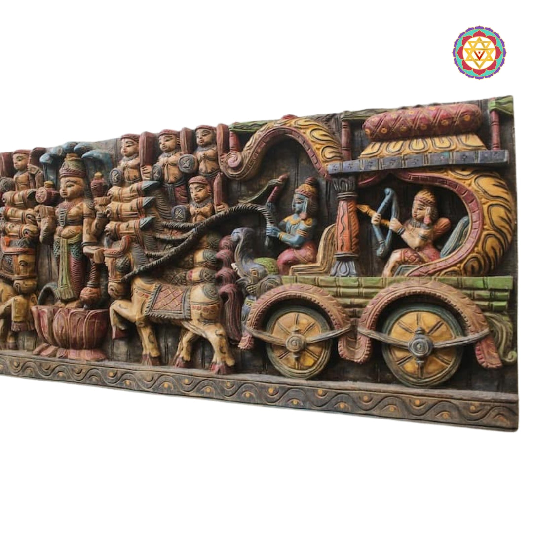 Close-up of Krishna guiding Arjuna with reins in hand