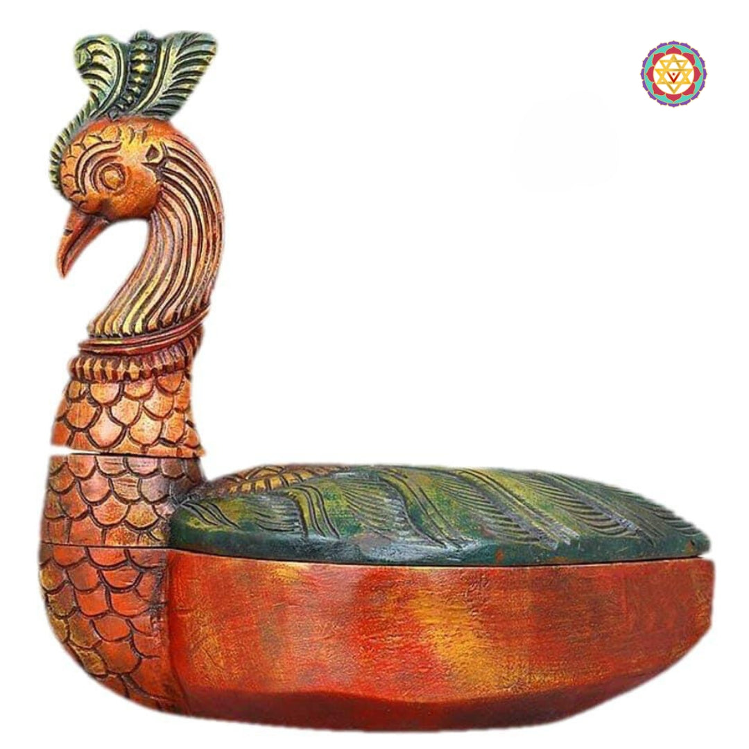 Decorative wooden storage box with colorful detailing and carving