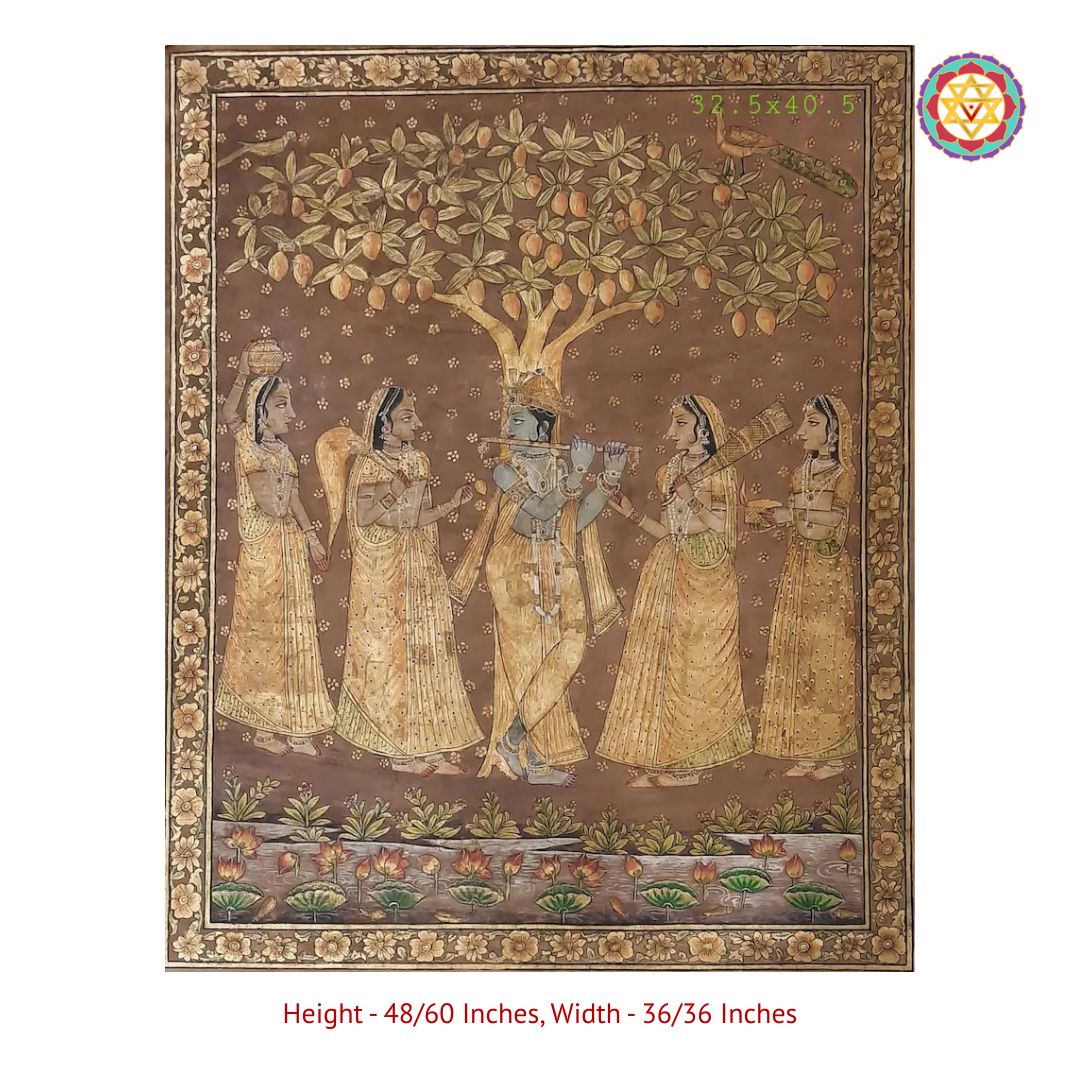 Handpainted Vintage-Style Pichwai – Flute Krishna with Gopikas