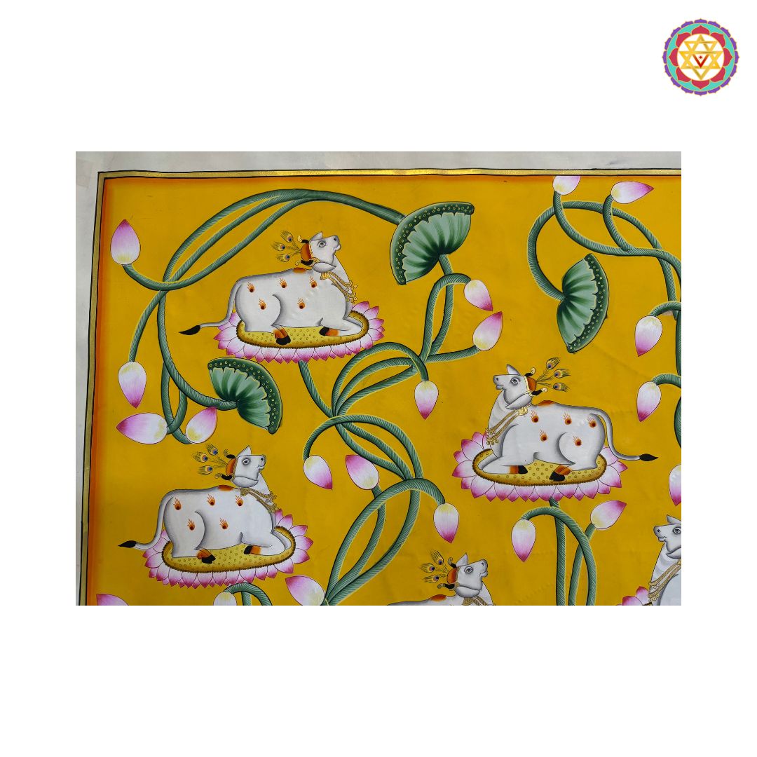 Close-up of cows and lotus leaf detailing in yellow Pichwai