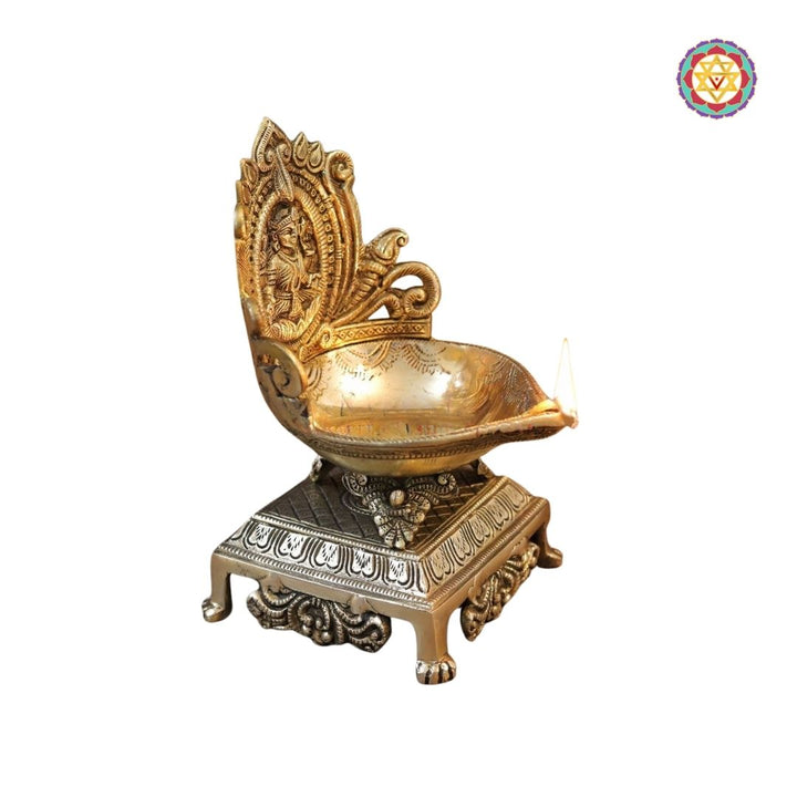 Brass Mahalakshmi Diya (Lamp) – Handcrafted with Golden Fine Work, 7 Inch | Sacred Lamp for Prosperity & Spiritual Light