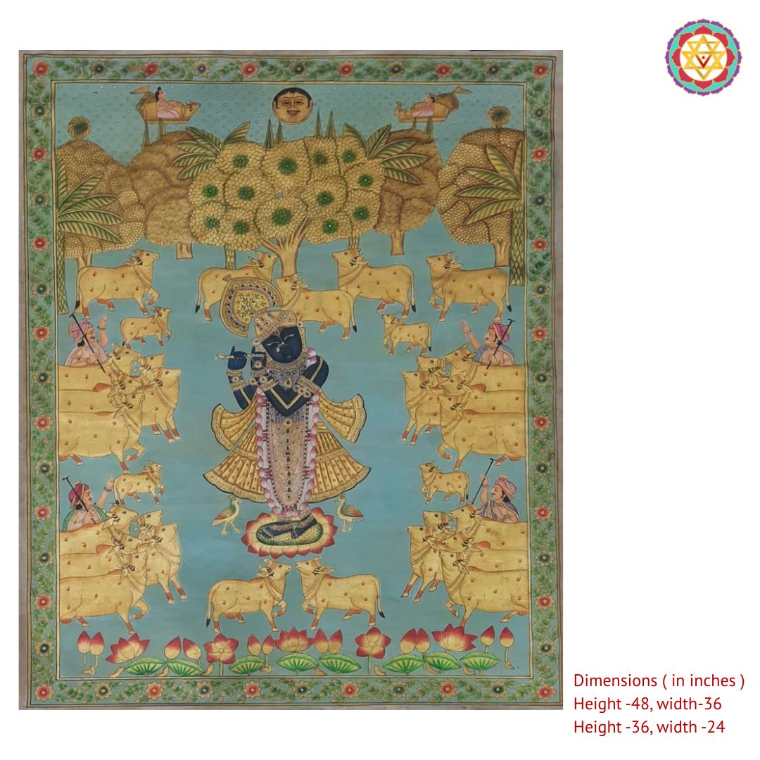 Close view of Shrinathji blue pichwai showing cows and cowherds
