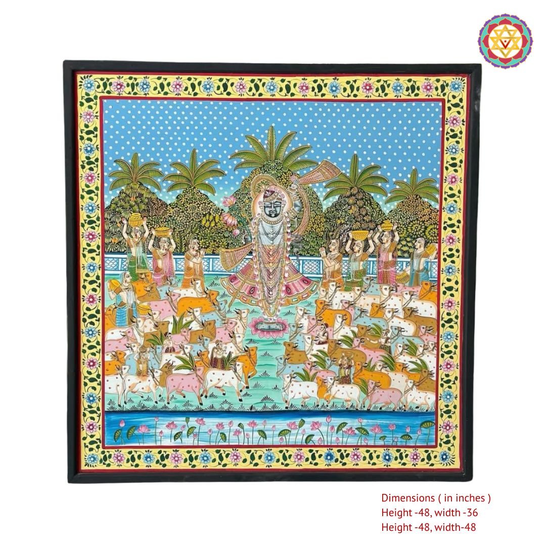 Handpainted Vintage Finish Pichwai – Shrinathji with Gopikas and Cows