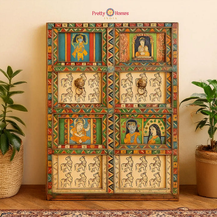 Woodcarved Handpainted Pichwai Door/Wall Frame with Intricate Brass Work