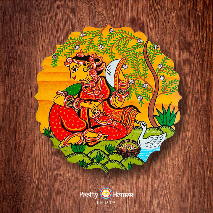 Unique petal shaped Pattachitra wall plate handpainted -Sitting lady