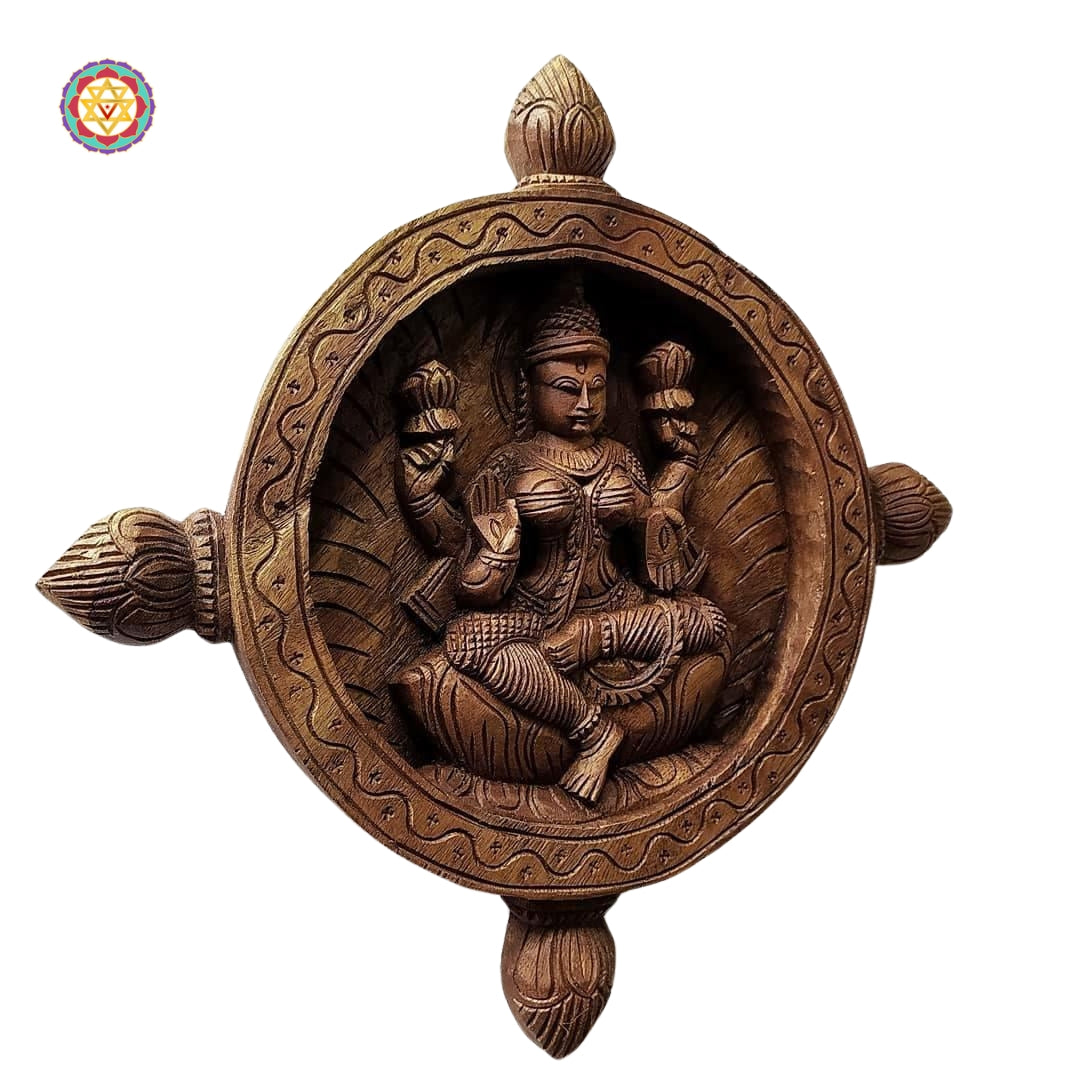 Handcrafted wooden Lakshmi Devi wall art with rich detailing