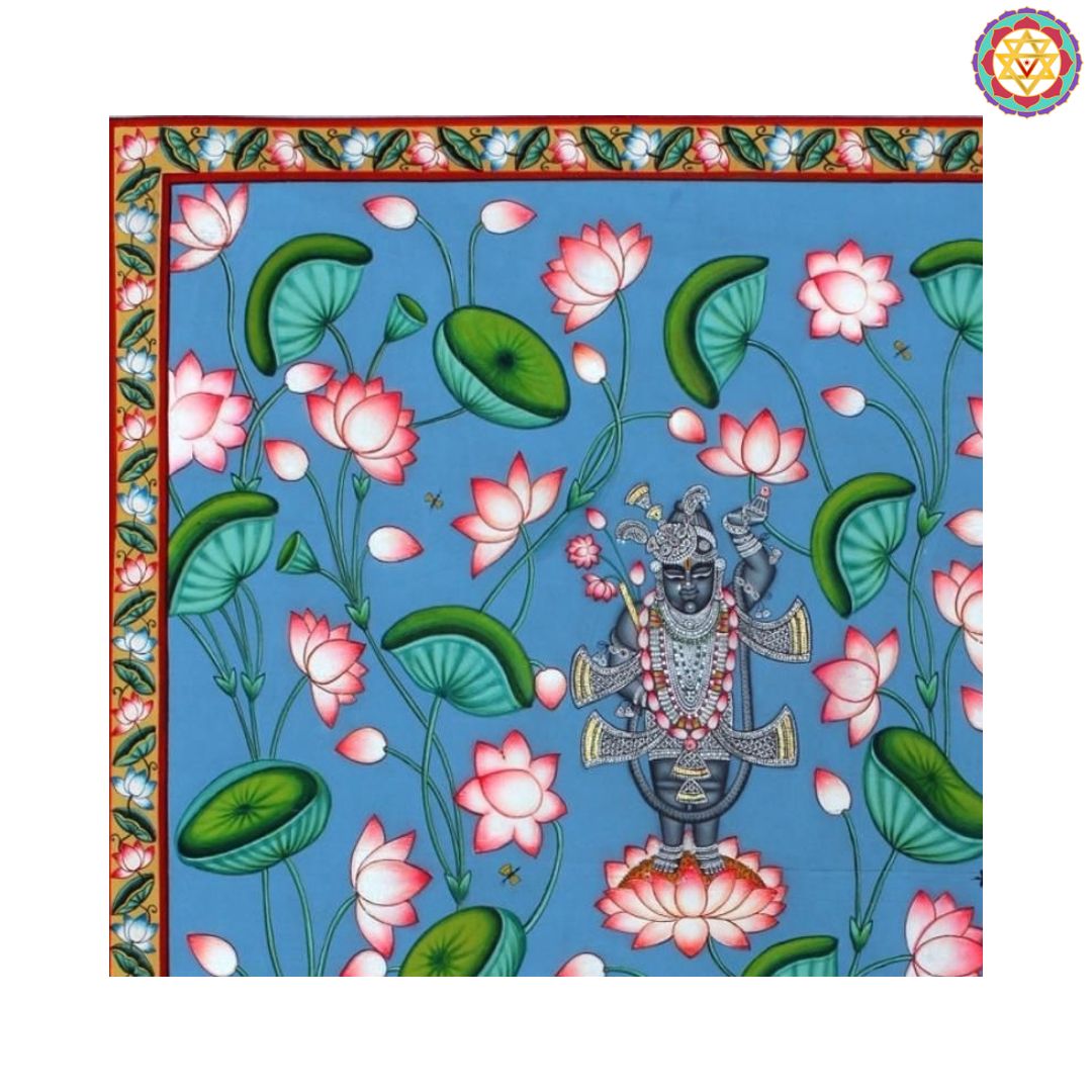 Angle view of Shrinathji standing in blue lotus pond artwork