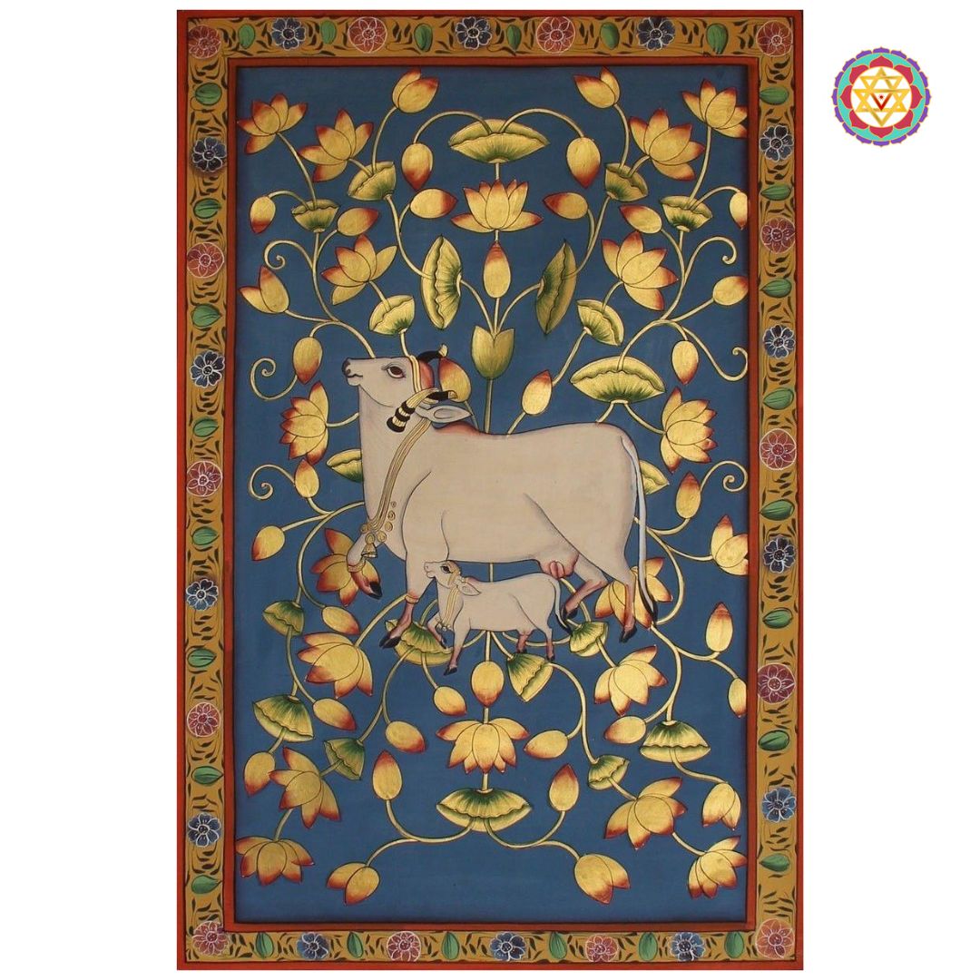 Close-up of lotus pichwai painting with white cow and calf surrounded by yellow and orange flowers.