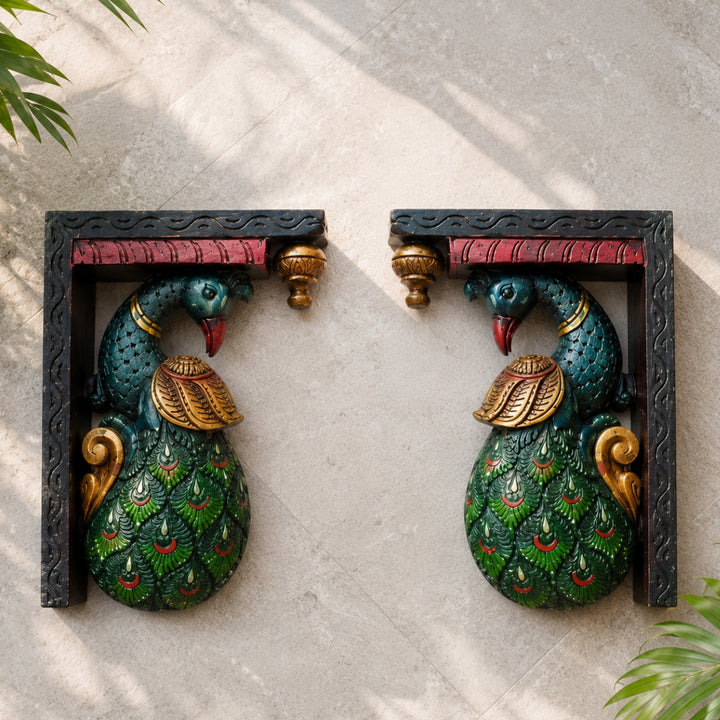 Vintage Peacock Wall Bracket – Handcarved Wooden Decor (Single)
