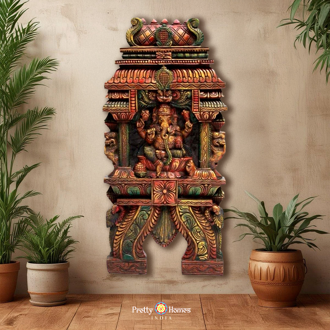 Woodcarved Ganesha Kavadi Panel.Temple Gopuram style wall hanging