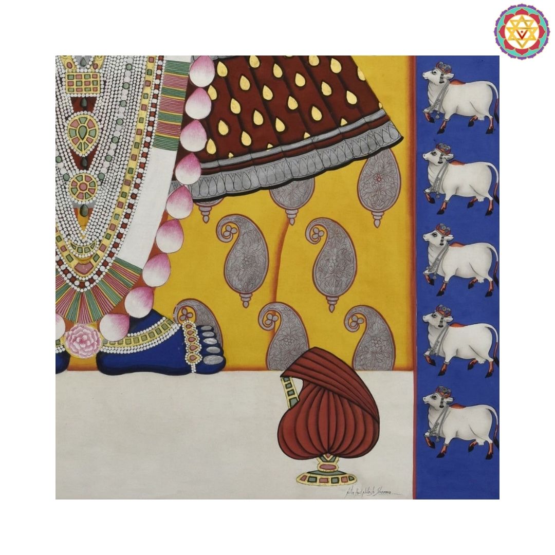 Handpainted Pichwai Shrinathji with Unique Cow Border & Paisley Design