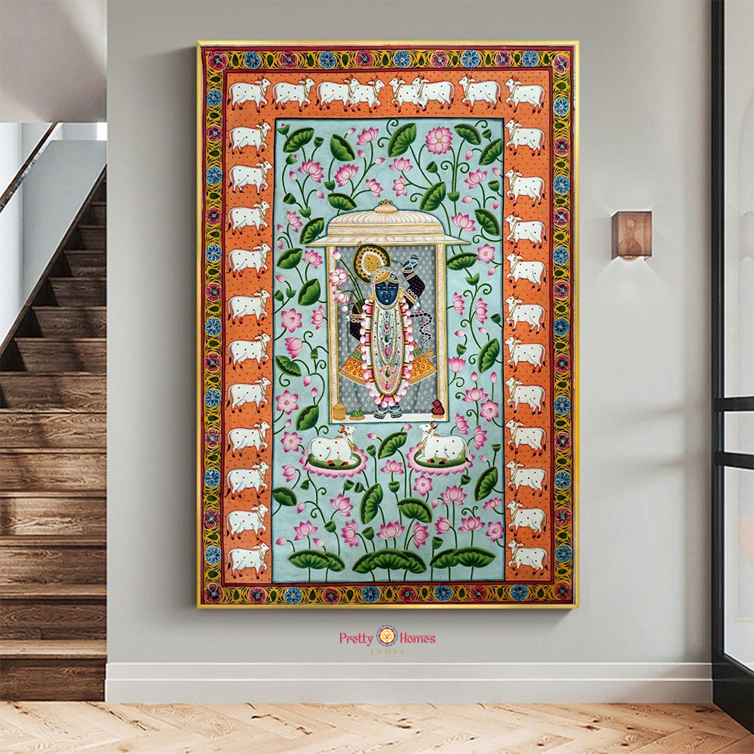 Vintage Shrinathji Pichwai painting with cows and lotuses, hand painted wall art for home decor, perfect lotus Pichwai painting and Indian art.