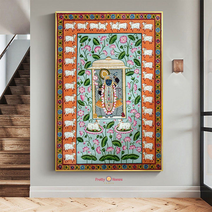 Vintage Shrinathji Pichwai painting with cows and lotuses, hand painted wall art for home decor, perfect lotus Pichwai painting and Indian art.