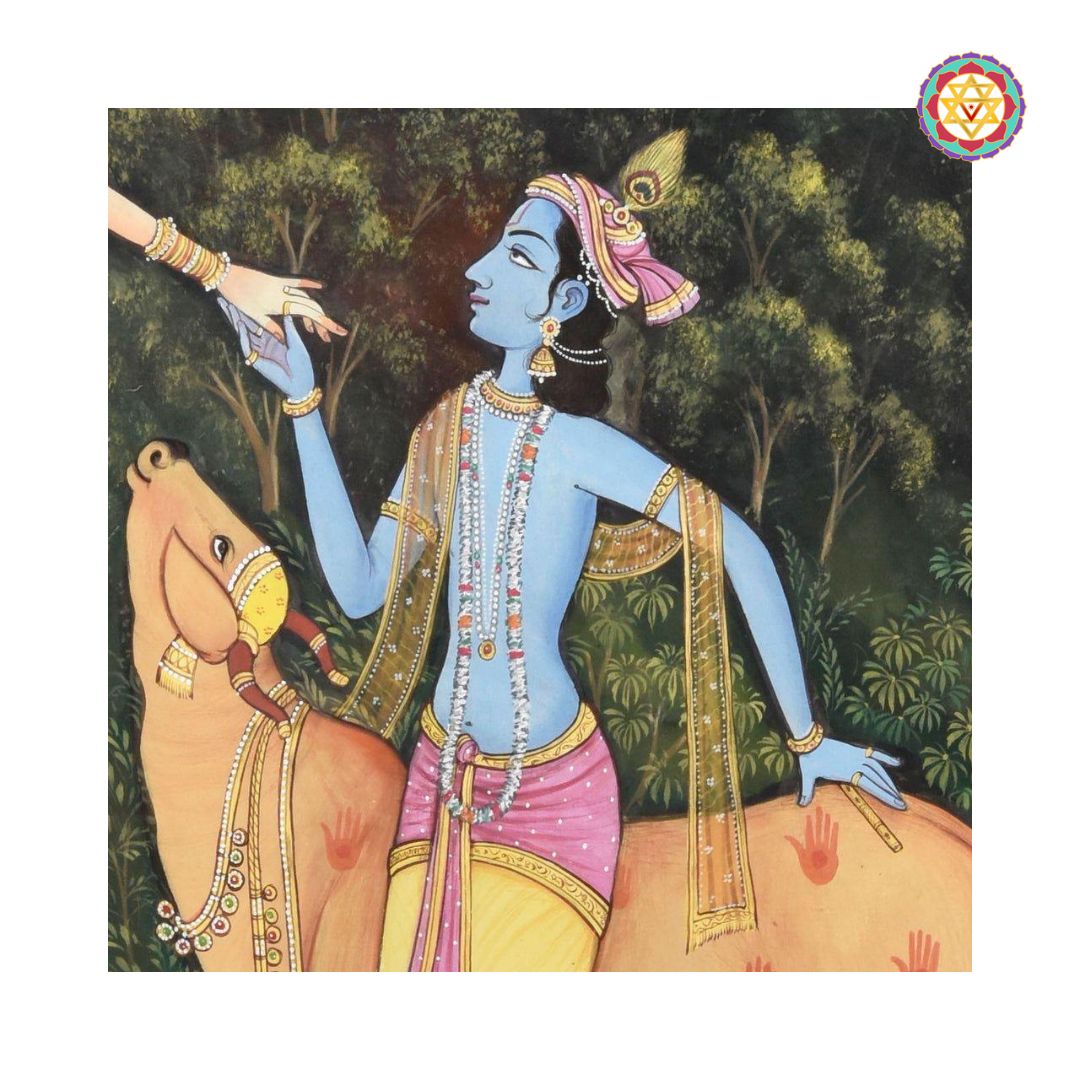 Close-up of Krishna and sacred cow from pichwai painting, with natural scenery.
