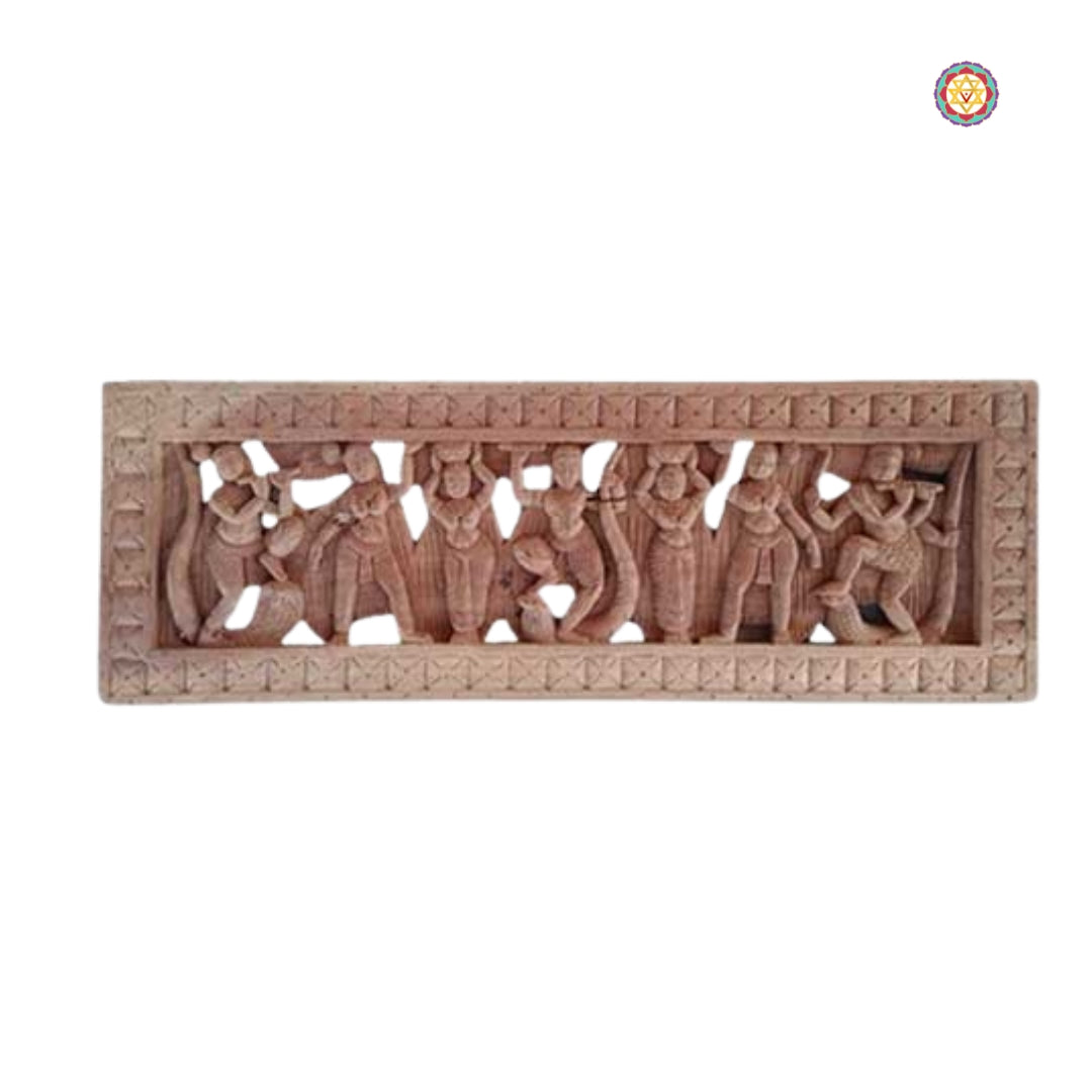 Wooden wall panel showing various gods in detailed relief – handcrafted spiritual home decor.