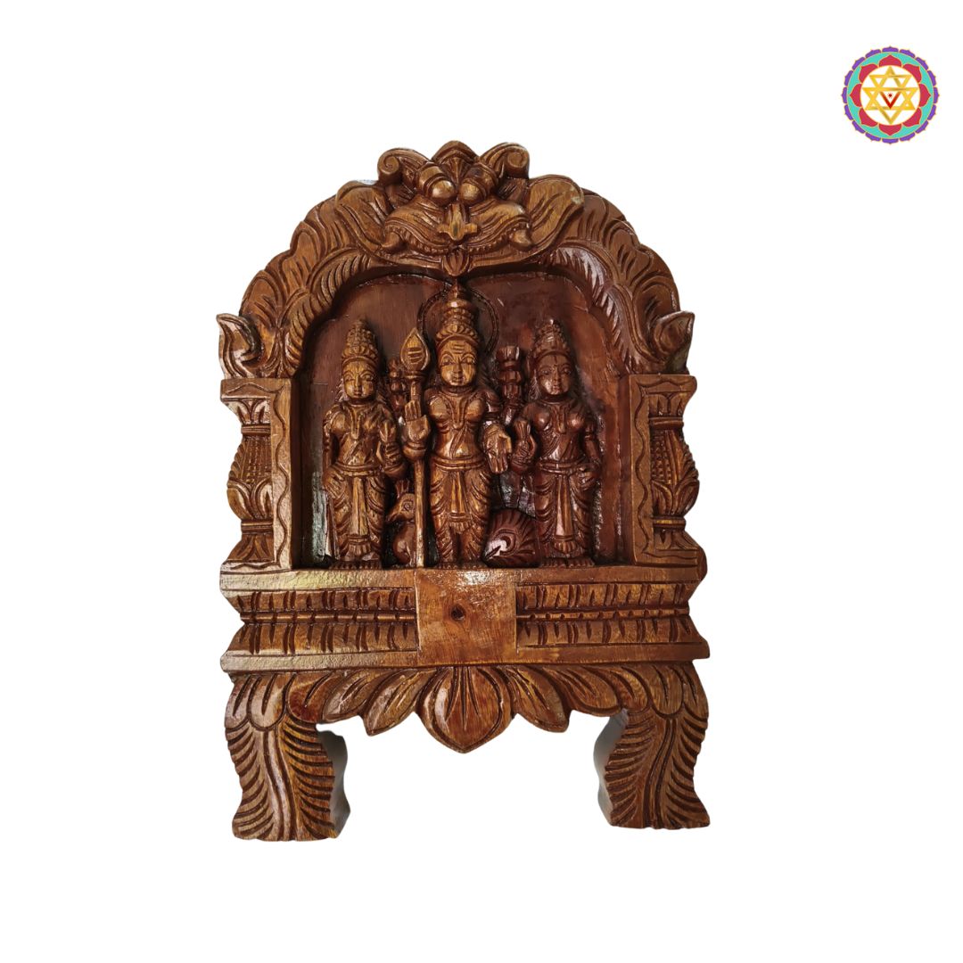 Woodcarved lord Murugan frame with yali and lotus carvings